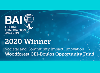 BAI Global Innovation Awards. 2020 Winner. Societal and Community Impact Innovation. Woodforest CEI-Boulos Opportunity Fund.